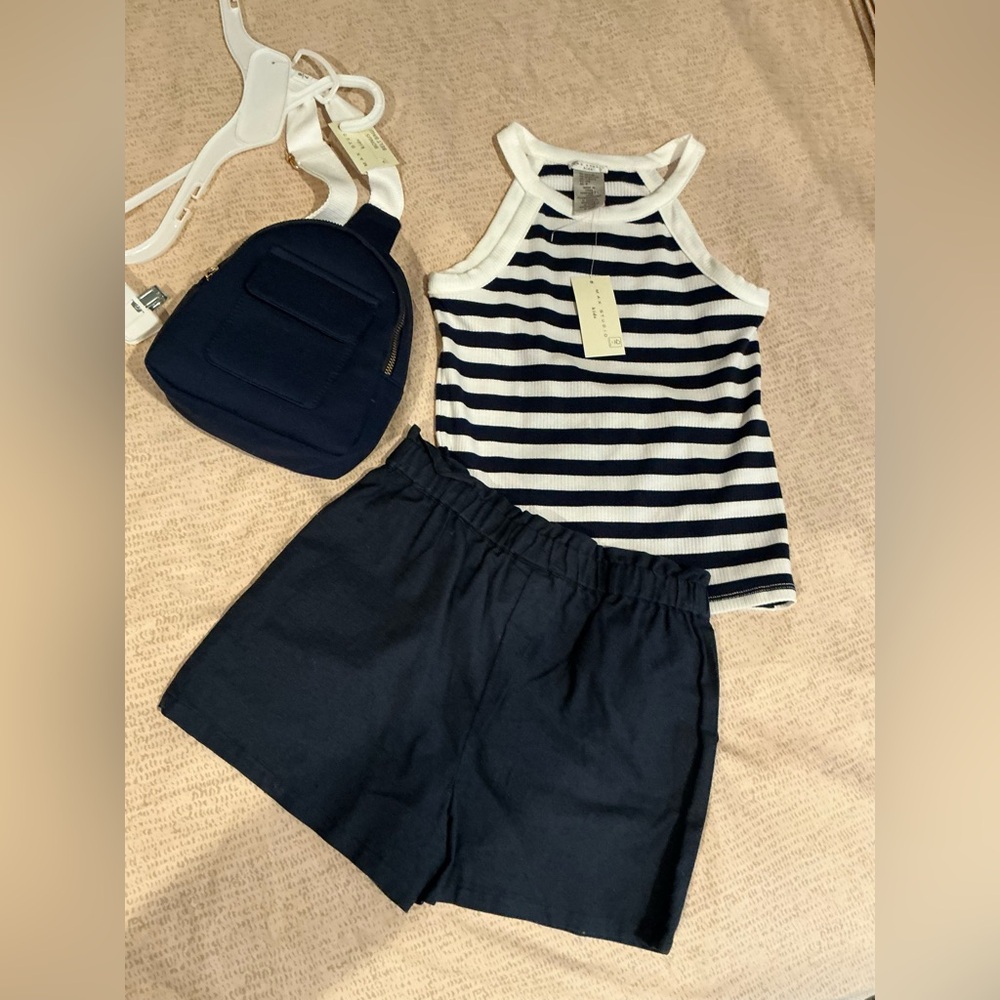 Striped Tank Top and Navy Shorts Set with Navy cross body bag. - Picture 6 of 6